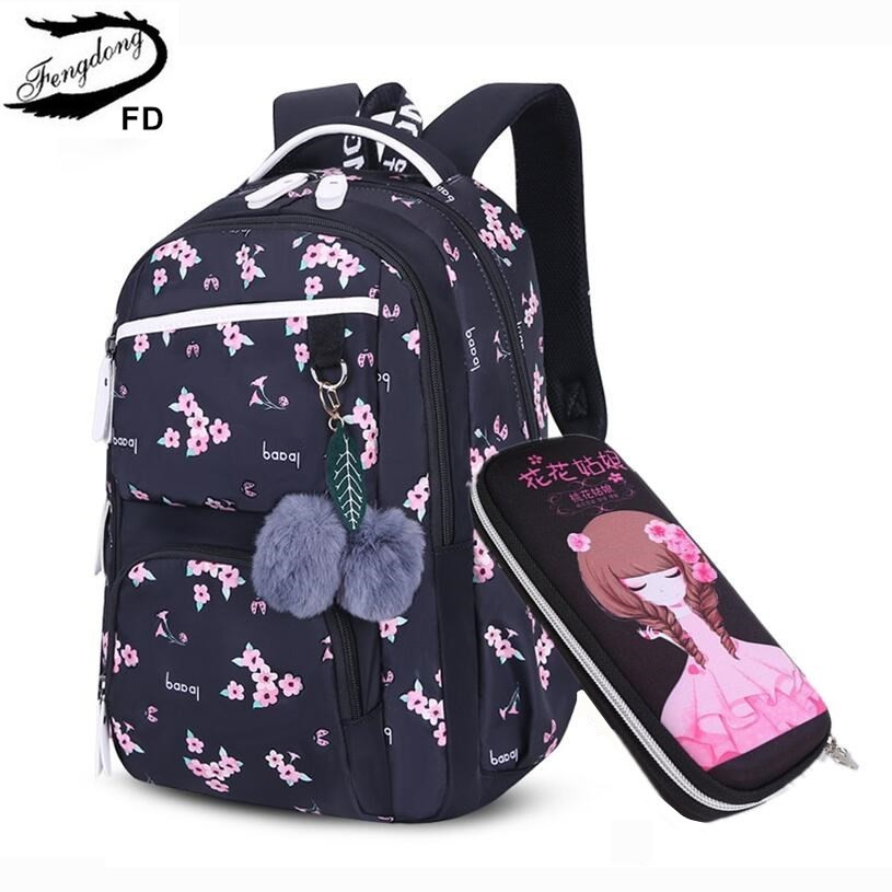 FengDong enfants mignon noir rose fleur école sac à dos enfants sacs d'école pour filles en peluche balle enfants stylo crayon sac ensemble: black flower