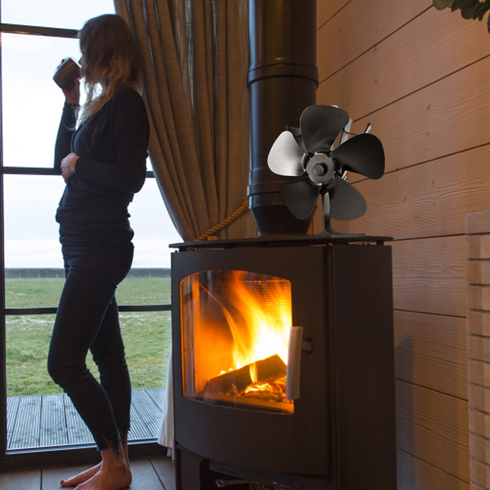 Upgraded 5-Blade Fireplace Fan Thermoelectric Module Wood Stove Fan Heating Stove Circulatory System Fan Grate On The Ear Heater