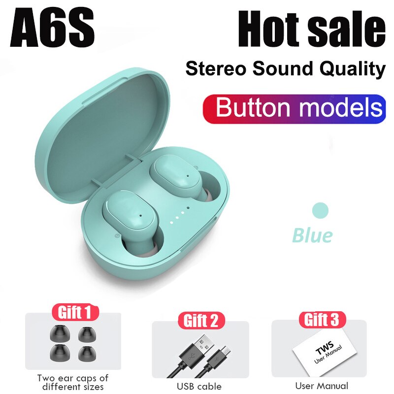 Écouteurs sans fil Bluetooth 5.0 A6S TWS, oreillettes de Sport, casque d'écoute stéréo avec Microphone, boîte de chargement, pour tous les Smartphones: Blue with Box