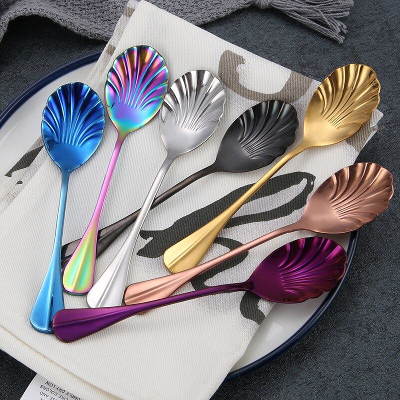 Shell Shape Stainless Steel Spoon Teaspoons Coffee Spoons Ice Cream Sugar Dessert Spoons Tableware Kitchen Accessories