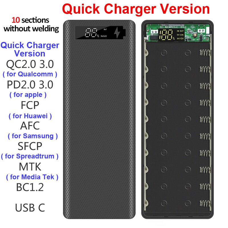 Welding Free 10*18650 Battery Storage Box Dual USB Power Bank Case DIY Shell Case 18650 Battery Holder Box PD QC3.0 Quick Charge: Black Quick Charge