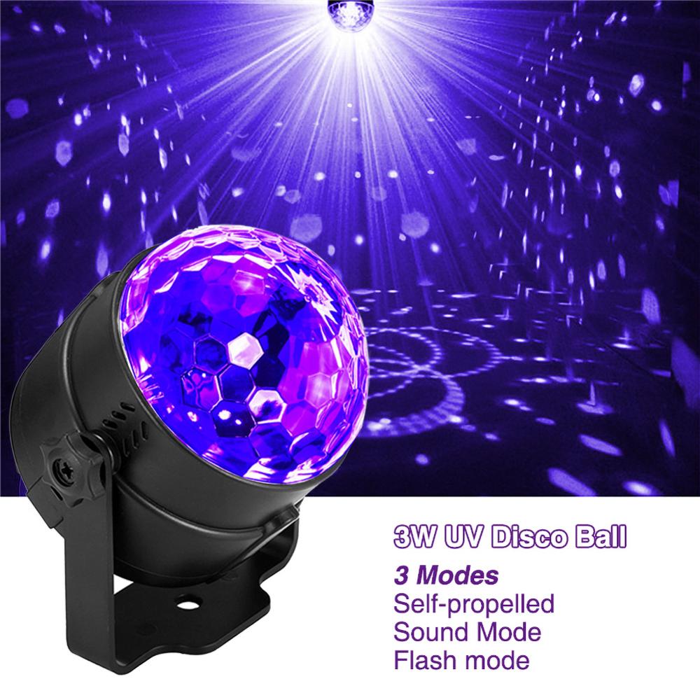 Bola de discoteca giratoria UV, luz estroboscópica de 3W RGB, luces de escenario para Navidad, hogar, KTV, Navidad, boda y espectáculo