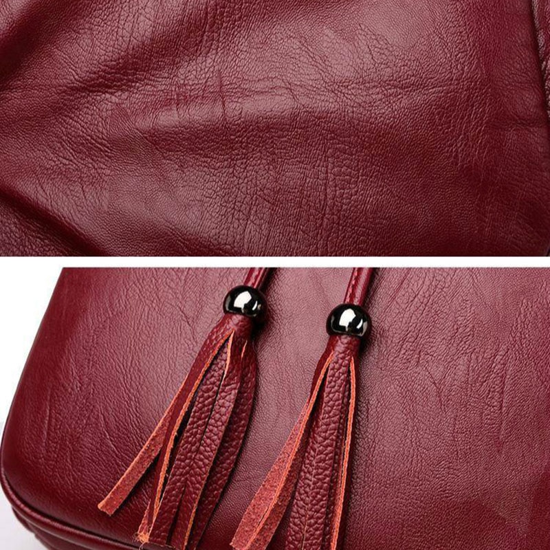 Tassel Pu Leather Backpack Women Drawstring Bag Black Red Soft Solid Backpack Female Youth Bagpack For Teenage Girls