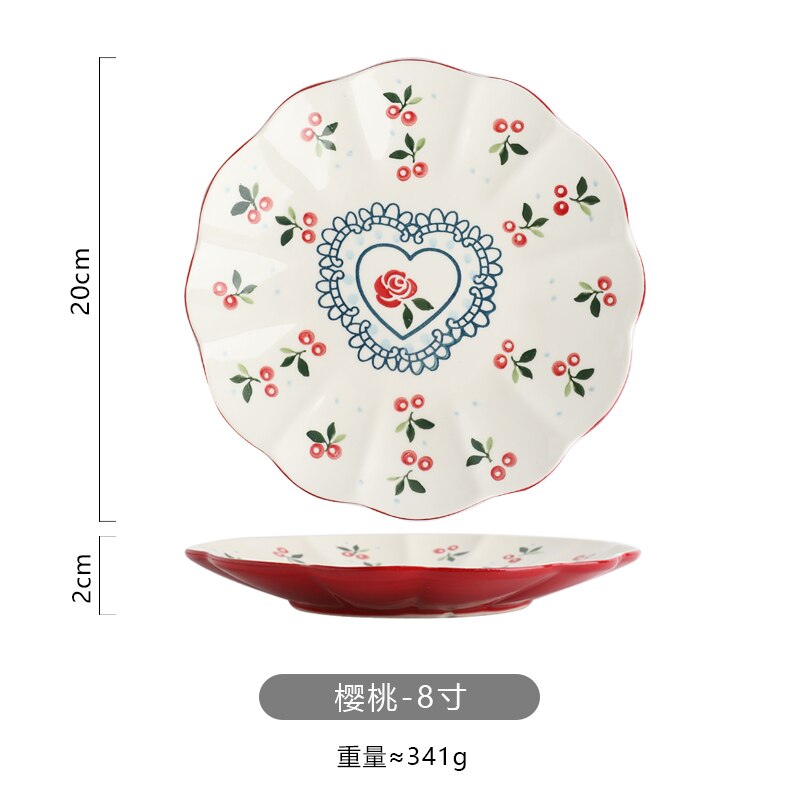 Hand-painted Cherry Ceramic Plate Household Tableware 10 Inch Plate Steak Plate Cute Fruit Plate Small Plate Tableware: 1pcs-8 inch