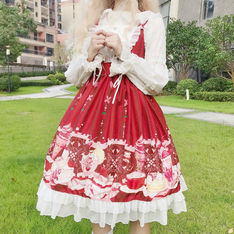 Original Lolita Miau salsa helado Honda vestido JSK kawaii ropa adorable Vestido de lolita vestido victoriano gothic lolita: red sleeveless
