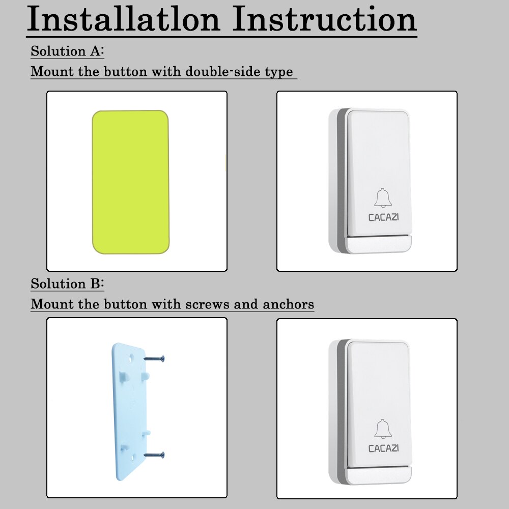 CACAZI Self-powered Wireless Doorbell Waterproof No Battery LED Flash 1 Button 3 Receiver Smart Home Cordless door bell chime
