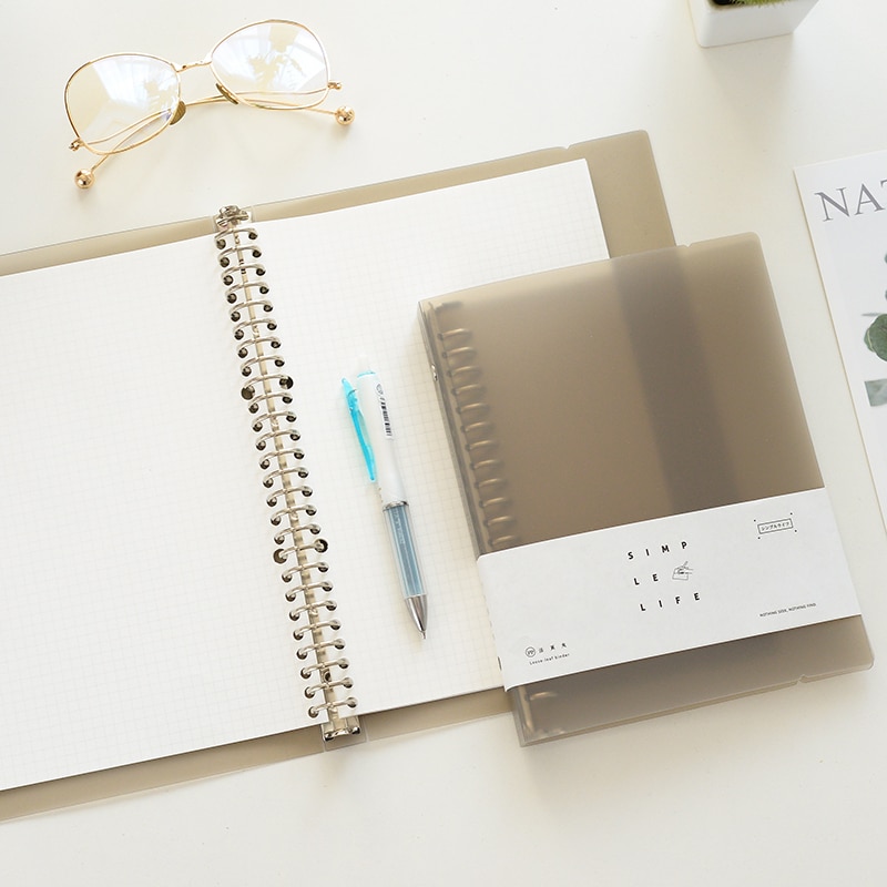 Catena Stationery Grey Translucence Binder A4/B5/A5 Loose-Leaf PP Shell Porous Paper Clip Folder File Organizer Office Accessory