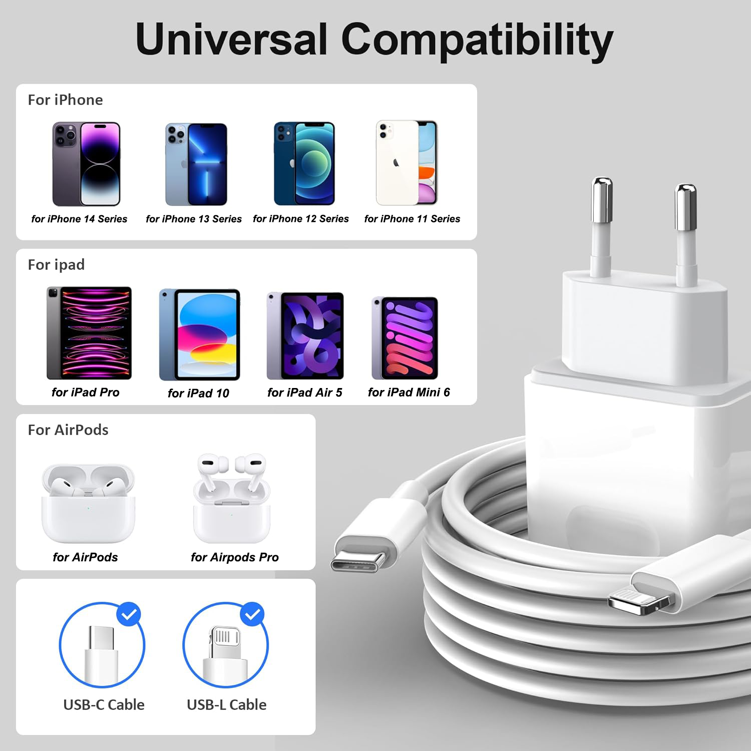 PD 35W tipo C Cable de cargador rápido para iPhone 16 15 14 13 Pro Max adaptador de cargador para iPad cargadores de pared con enchufe de la UE 1m 2m