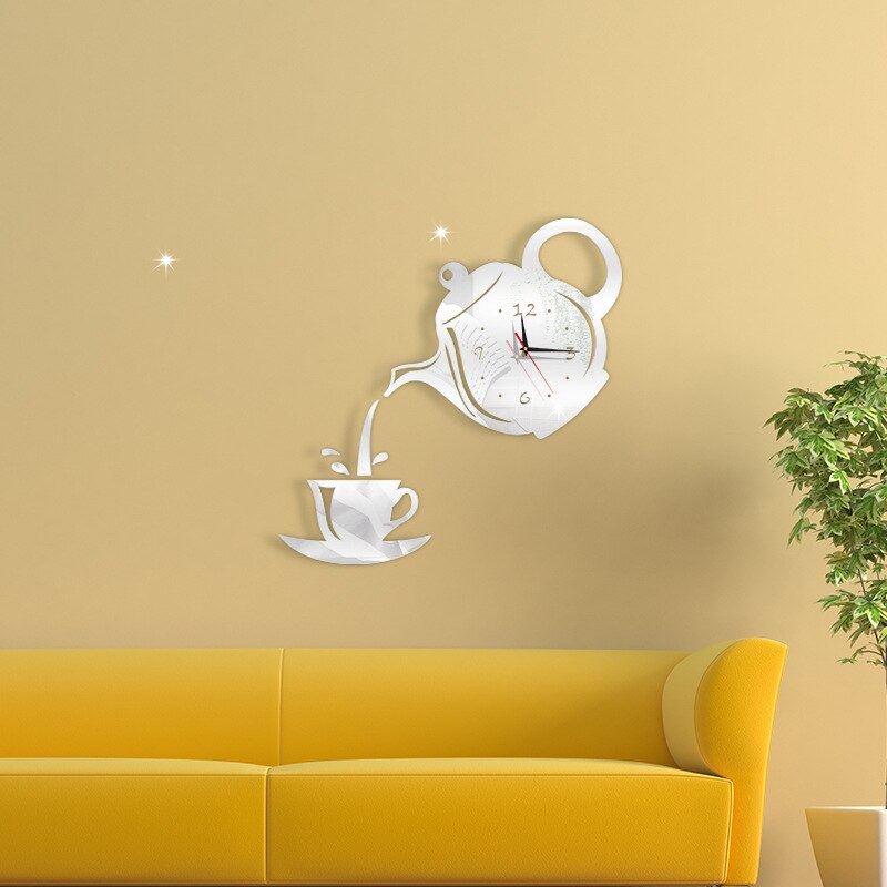 3D DIY Coffee Time Clock Acrylic Wall Clock Modern for Kitchen Home Decor Cup Shape Wall Sticker Hollow Numeral Clock DA406: Silver B