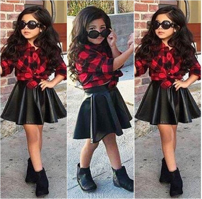 Citgeet Moda Primavera 2 Pz/set Capretti Delle Ragazze Della Principessa Plaid Magliette E Camicette Della Camicia + Gonna di Pelle di Estate Abiti Vestiti