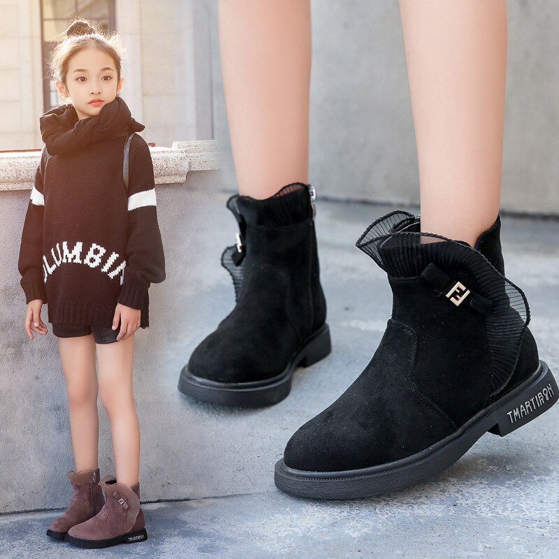 Leder freundlicher Martin Stiefel Prinzessin Spitze trimmen Stiefel Mädchen Schnee Schuhe Warme Pelz freundlicher Stiefeletten Kleinkind Mädchen