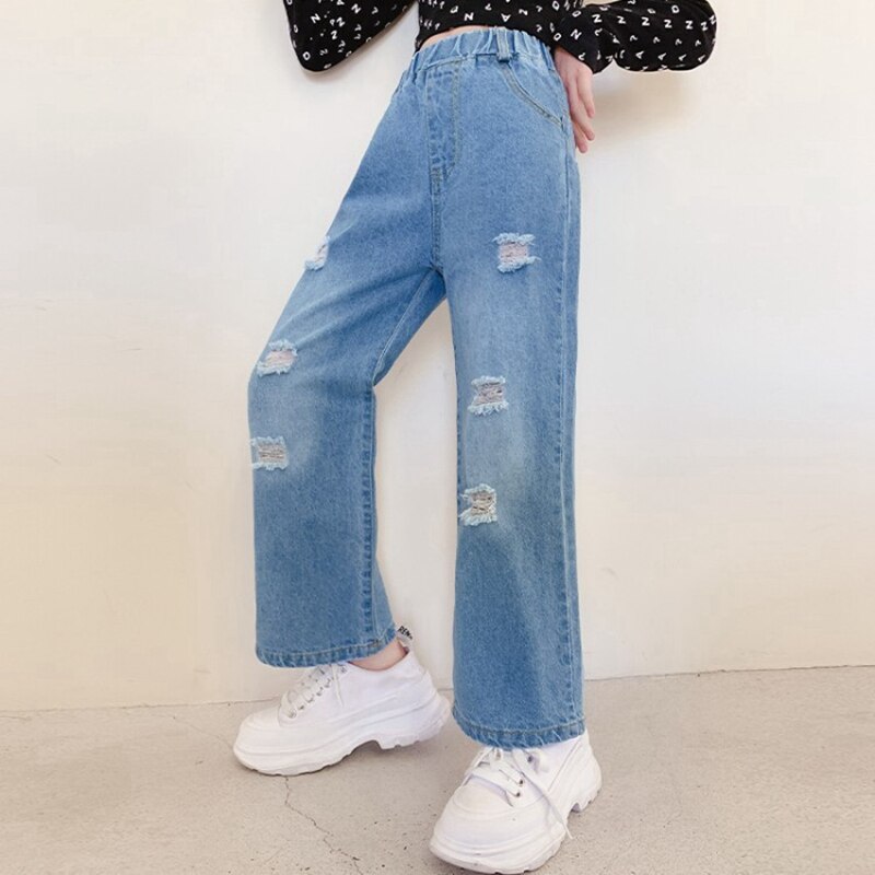 Girls Jeans Ripped Holes Children&#39;s Pants Soft Denim Pants Cotton Trousers Wide Straight-leg pants Jeans Kids Girls Jeans: 140-(7-8T)