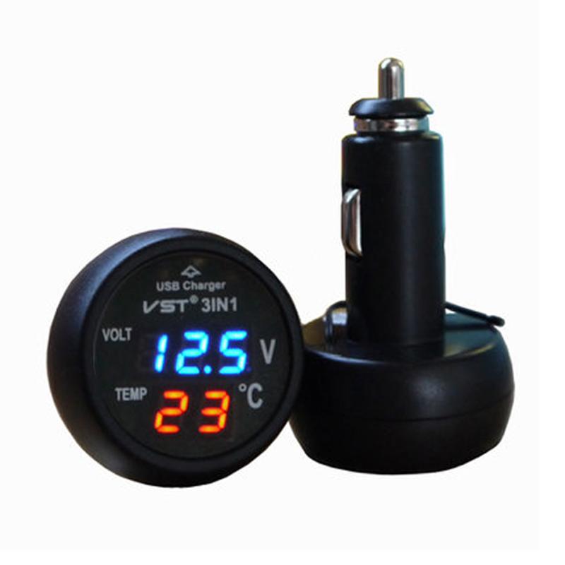 3in1 Digitale Voltmeter Thermometer 12/24V Sigarettenaansteker USB Autolader: Blue Red Light