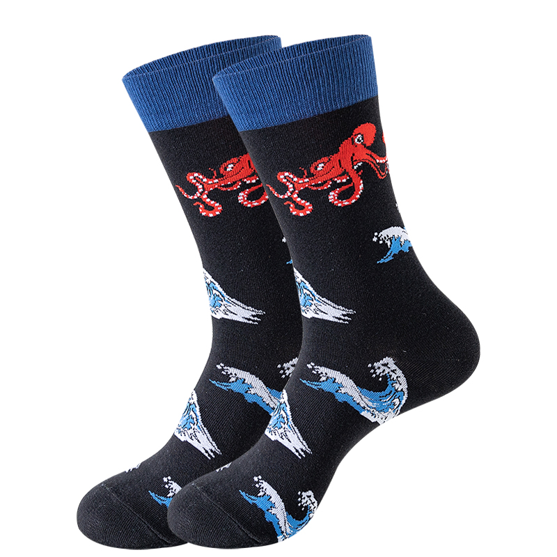Nuevos calcetines de para hombre Harajuku japonés calcetines de dibujos animados felices caballito de mar cangrejo camarones calcetines de Coral tendencia medias masculinas calcetines divertidos: Negro Azul