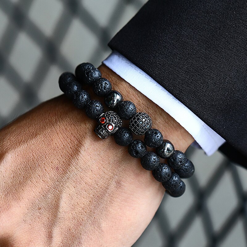 Mode 2 Stks/set Crown Armband Mannen Geometrische Handgemaakte Matte Lava Steen Mannen Armband Sieraden: 3