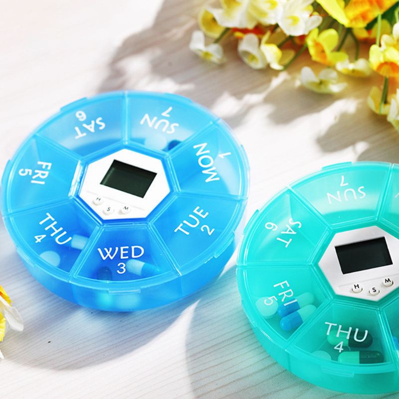 7 Grids Pill Box Electric Reminder Timer Alarm Weekly Round Organizer Medicine Case X5XC