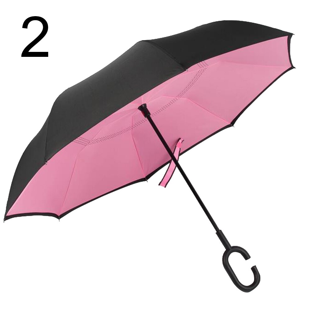 Lady Double Layer Anti-UV Windproof C-Shaped Handle Reverse Folding Umbrella Man Women Sun Rain Car Inverted Upstanding Umbrella: 2