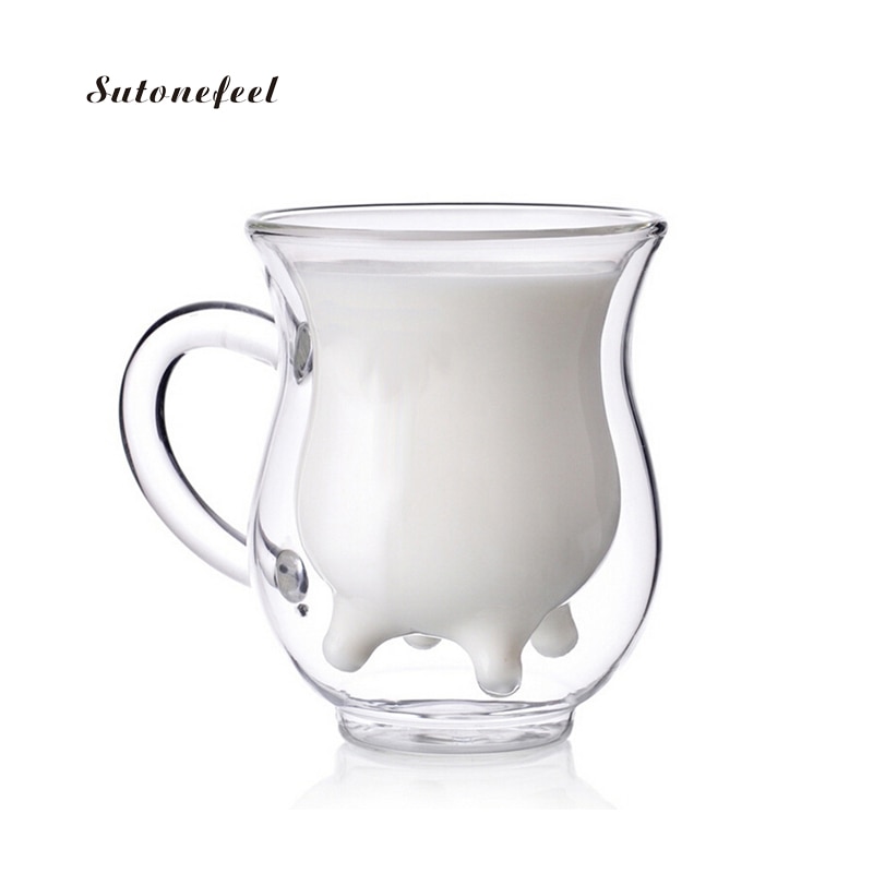 230ML Milk Mug Double Wall Glass Cup with Handle Cow Nipple Shape Teacup Coffee Water Mugs Drinking Bottle