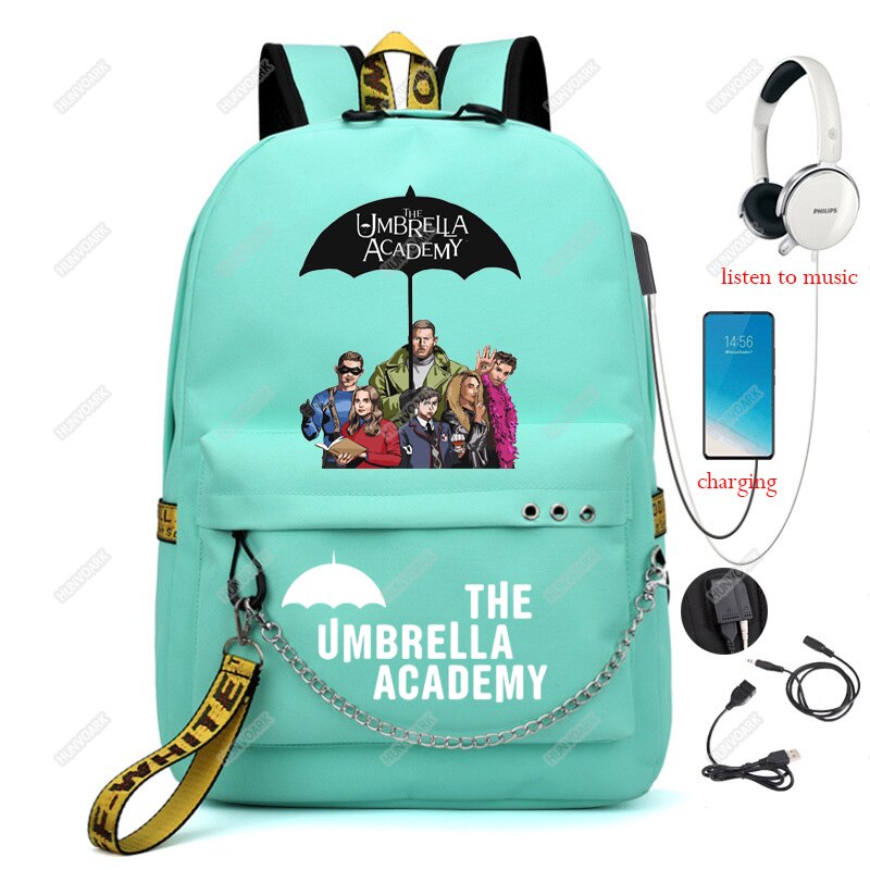 The Umbrella academy USB Backpack Women Men Teenager School Bag Women USB Travel Rucksack Large Mochila Escolar With Chain: Green-3