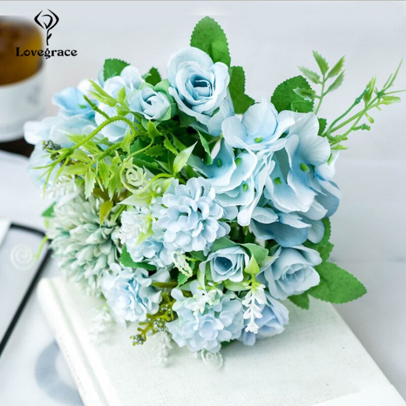 Bouquet de mariage Lovegrace soie artificielle Rose pivoine fleur mariée Bouquet Rose hortensia pompon bourgeon vanille épi fourniture de mariage: rose-blue