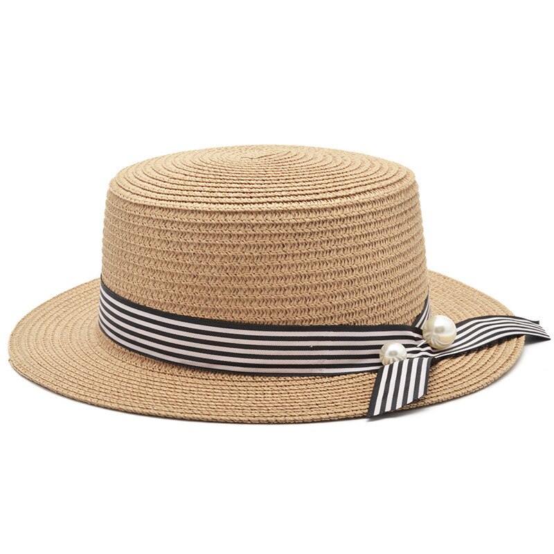 Sombrero de playa de chicas, novedad del en Sombrero de Panamá informal para mujer, sombrero de paja clásico con lazo para mujer, sombrero plano para el sol, sombrero Fedora para mujer: Khaki / child51-54cm