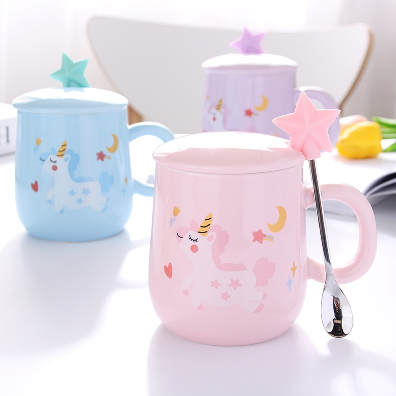Cartoon Eenhoorn Koffie Mok met Deksel en 3D Ster Lepel Roze Koffie Melk Thee Cup voor Meisjes