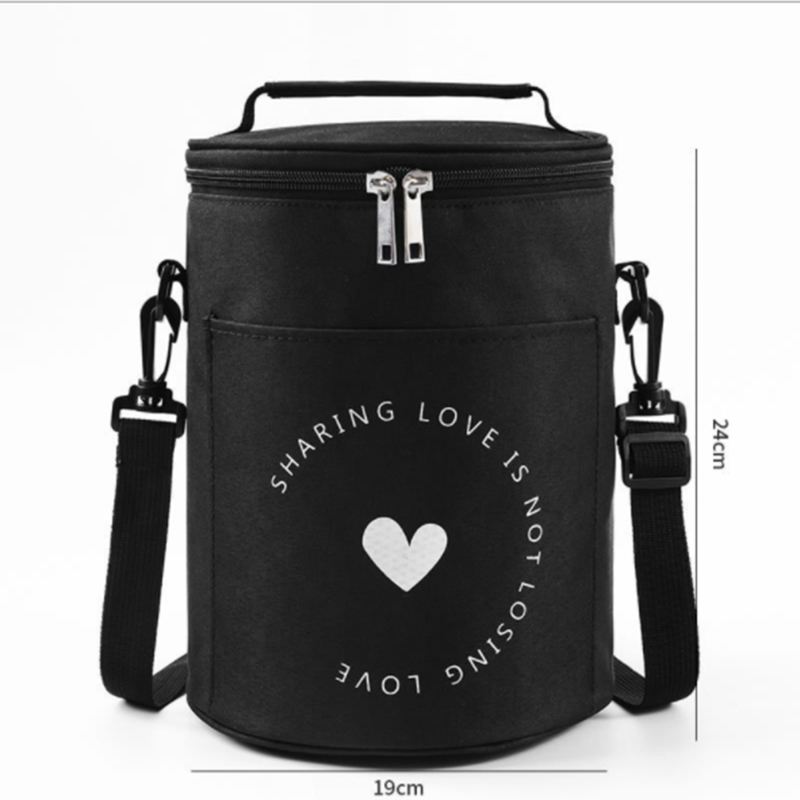 Large-Capacity Portable Lunch Bag Fresh-Keeping Thickened Lunch Box Bag Round Barrel Aluminum Foil Insulation Bags: black