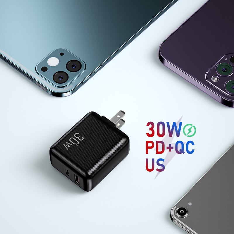 Ładowarka sieciowa 45W GaN ładowarka USB szybka ładowarka do telefonu iPhone Samsung iPad Laptop PD USB C szybka ładowarka 3.0 typ C Adapter: Black US 30W