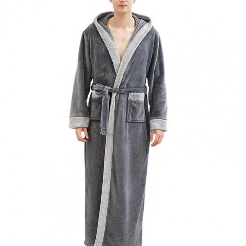 Men Sleepwear Autumn Winter Flannel Long Sleeve Maxi Bathrobe Pockets Hooded Nightgrown Mens Warm Thick Casual Robe Plus Size: Dark Gray / XL