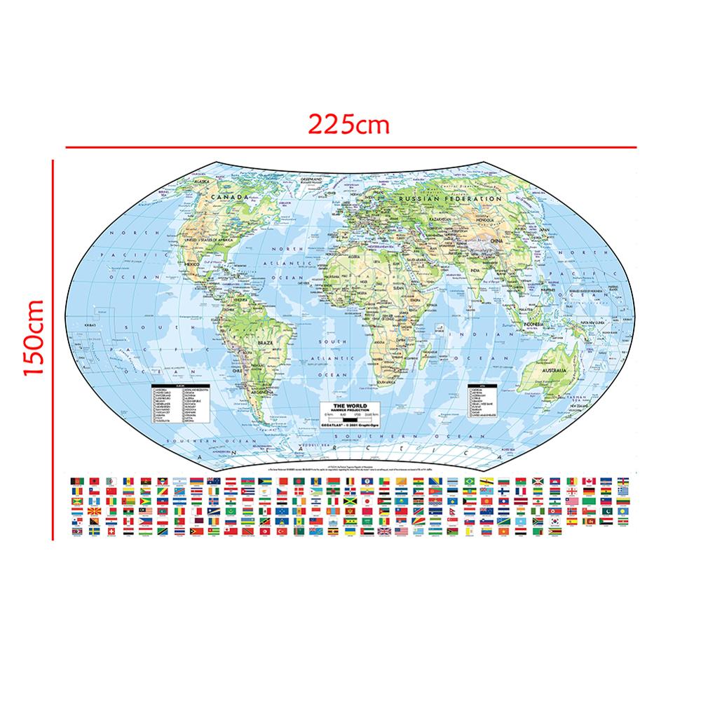 The World Political Map with National Flags Non-woven Foldable Canvas Painting 225*150cm Art Poster Wall Sticker Card Home Decor