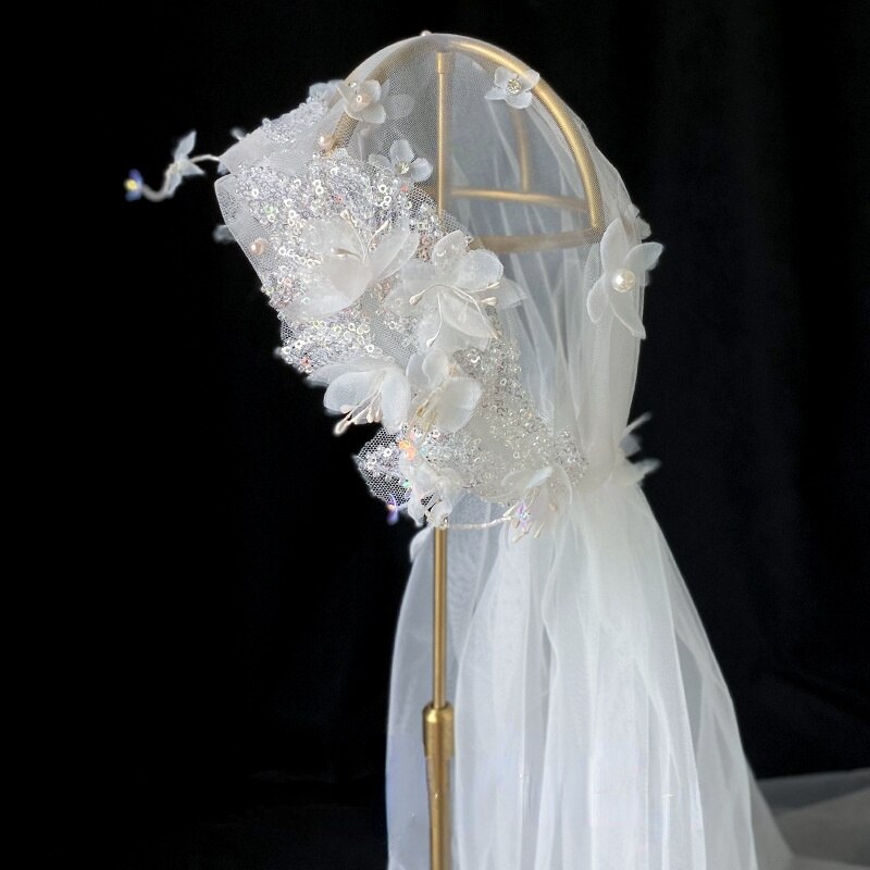 Voile long en dentelle féerique, belle coiffure, maille de gaze blanche, accessoires de cheveux pour mariage