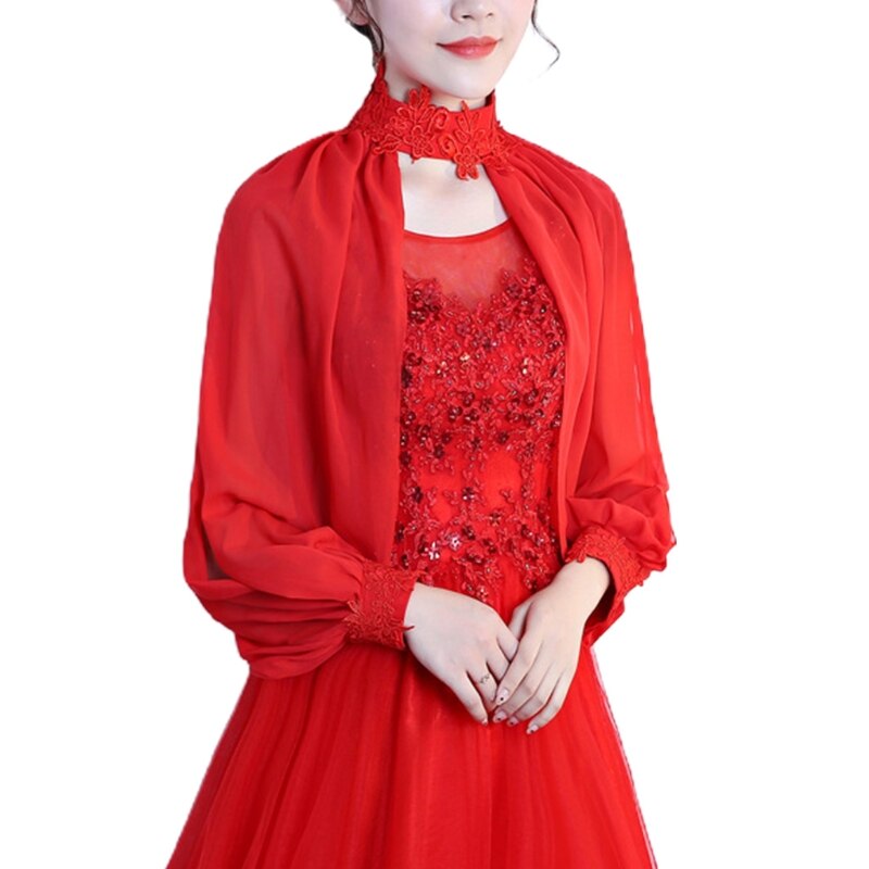 Women Side Split Long Sleeve Wedding Shawl Cape Halter Neck Chiffon Shrug Capelet Open Front Lace Bridal Jacket Bolero