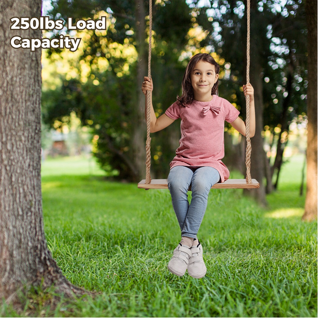 Columpio de árbol de madera de 250 libras, columpio de madera resistente con cuerda de cáñamo ajustable, asiento de columpio colgante impermeable para exteriores para niños