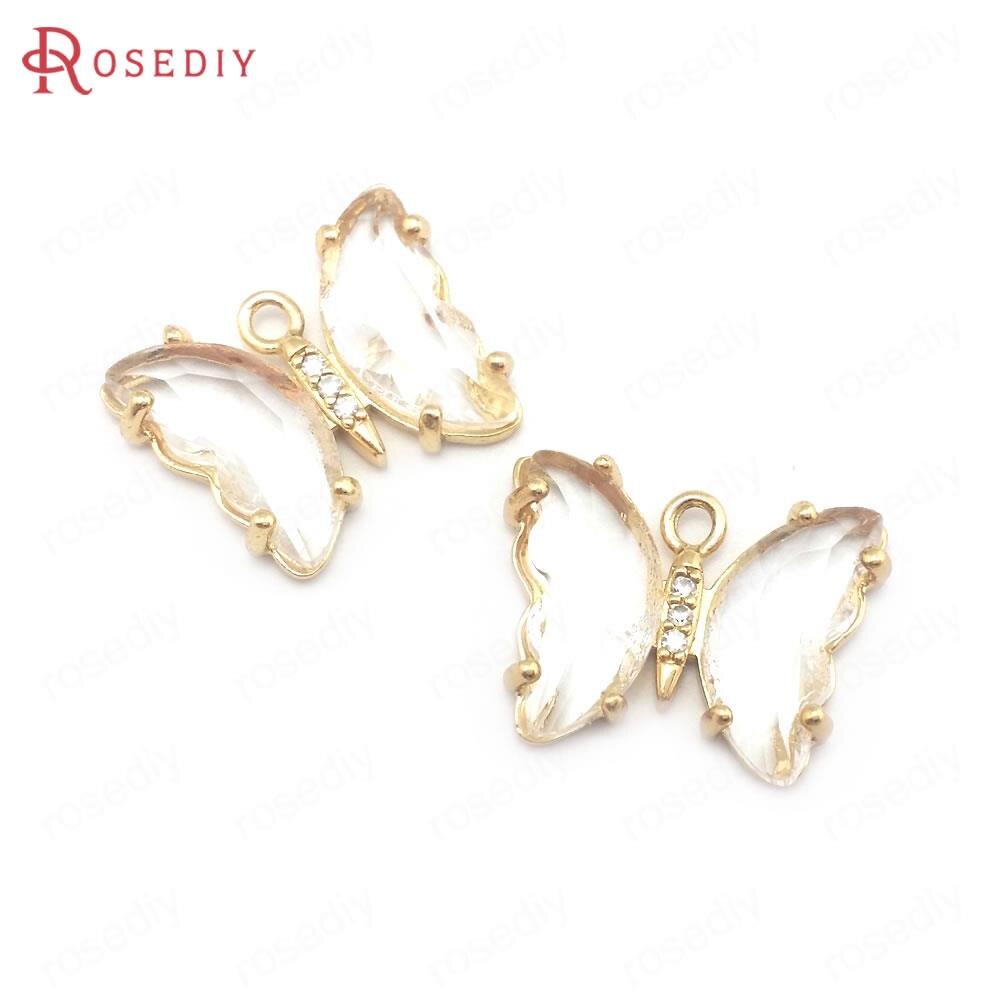Breloques papillon en laiton, Zircon et verre, 15x20MM 24K, couleur Champagne or, pendentifs, fournitures pour la fabrication de bijoux, résultats de bricolage, 10 pièces