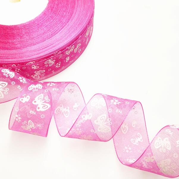 5 meters/partij 25mm Cartoon Vlinder Linten Gedrukt Organza Lint Tape voor Handwerken DIY cadeaupapier Decoratie: FUSHIA