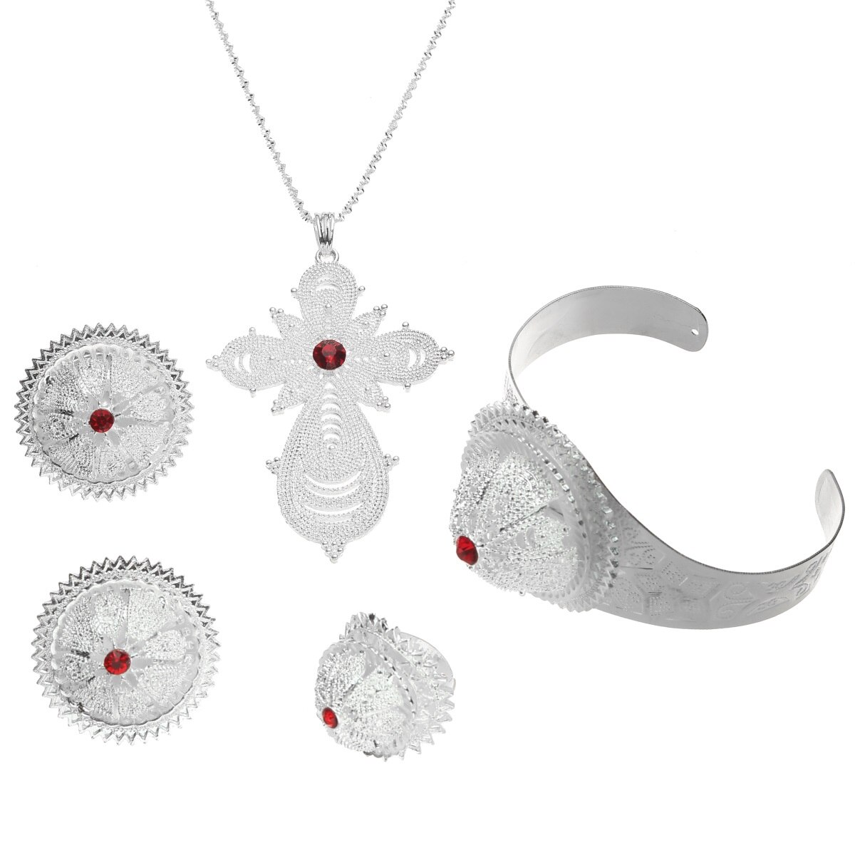 Mode Bridal Ethiopië Eritrean Afrikaanse Ketting Oorbellen Rode Zirconia Vrouwen Ethiopische Cross Sieraden Set