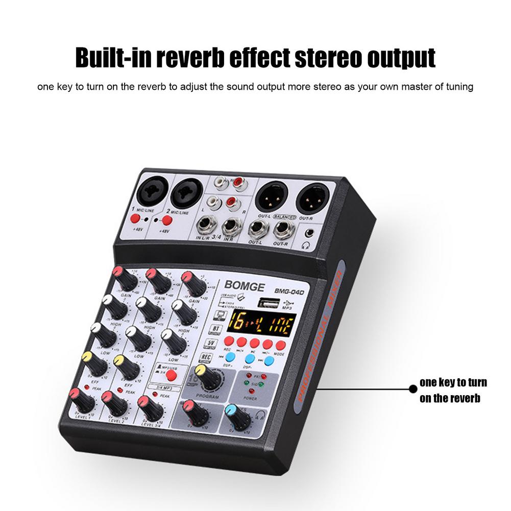 Wireless 4-channel Audio Mixer Portable Sound Mixing Console USB Interface MP3 Computer Input 48V Phantom Power Monitor For Home