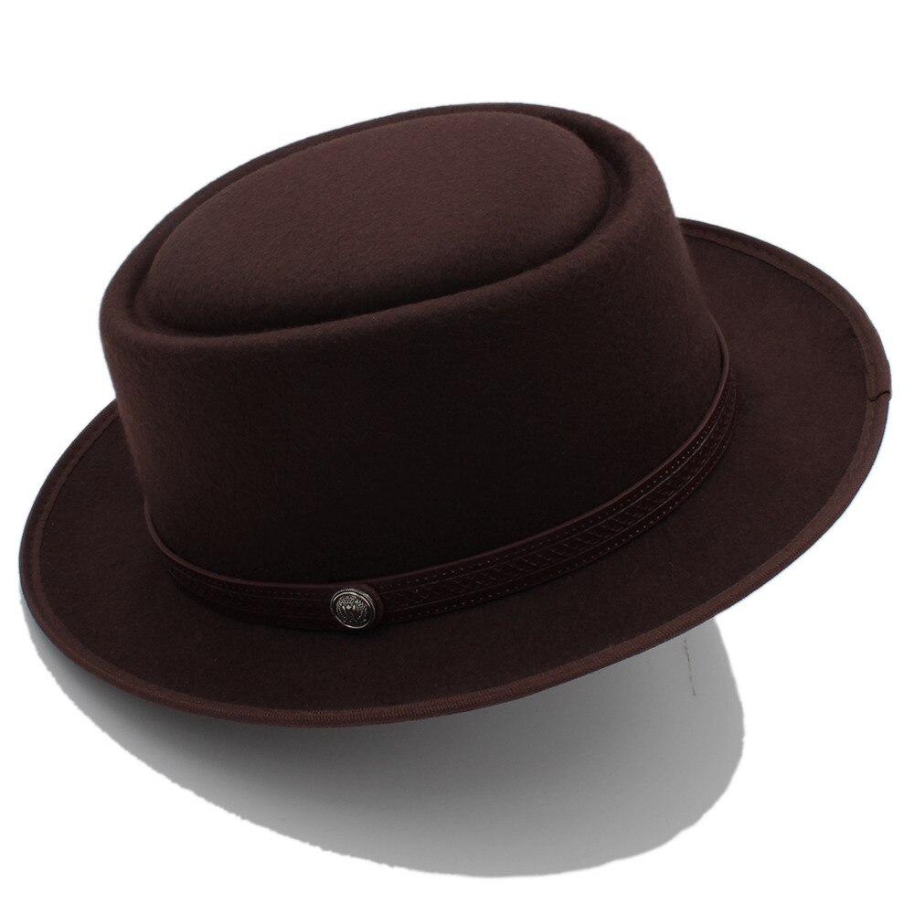 Chapeau en tarte de porc pour femmes hommes | Chapeau Fedora plat en laine pour Gentleman, papa Gambler Panama Trilby chapeau avec Belwt taille 58CM: Coffee