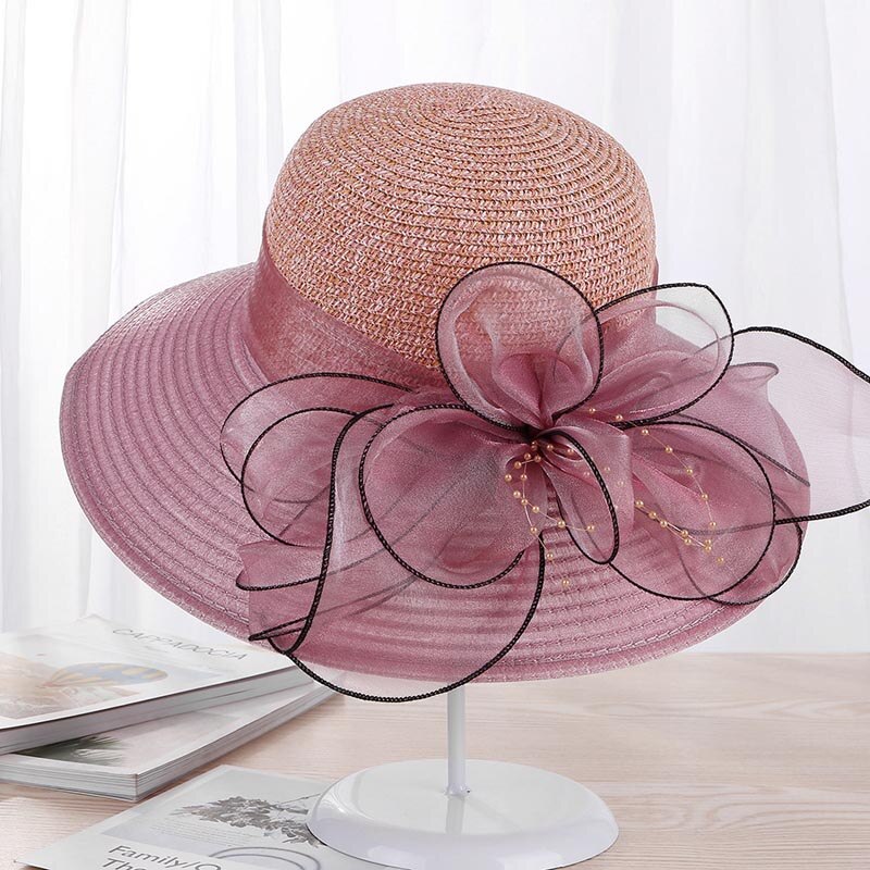 Ymsaidhigh Guality Elegante Vrouwen Kerk Hoeden Voor Zomer Mode Grote Bloem Zonnehoed Brede Rand Strand Casual Strand Chapeu Feminino: Leather pink