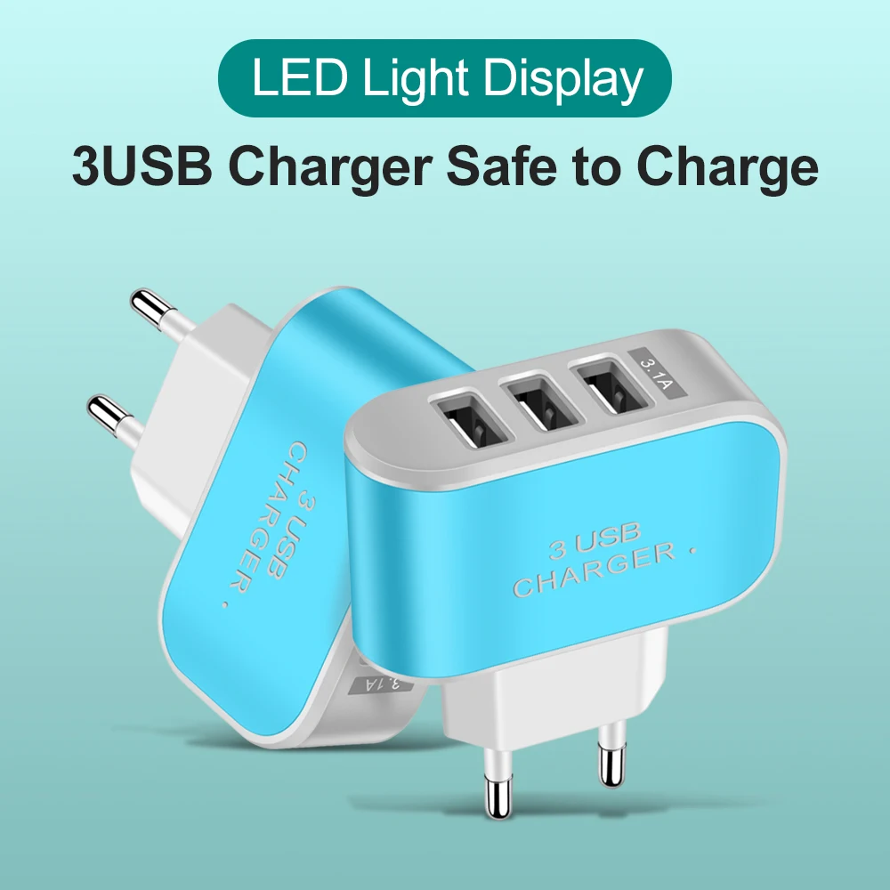 Cargador USB 3.1A de 3 puertos, luz LED, cabezal de carga rápida multifuncional, cabezal de carga USB, adaptador de pared para cargador de teléfono móvil USB
