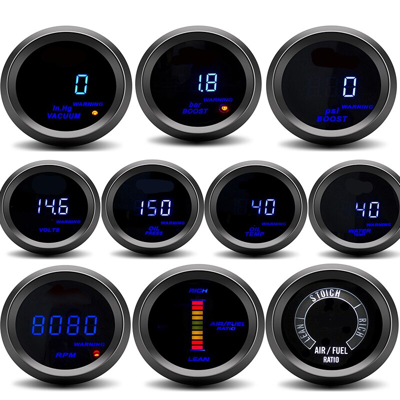 52mm Car Digital Turbo Boost Gauge PSI BAR Water Temp Oil Temp Oil Pressure Gauge Voltmeter Tachometer Rpm gauges Air Fuel Ratio