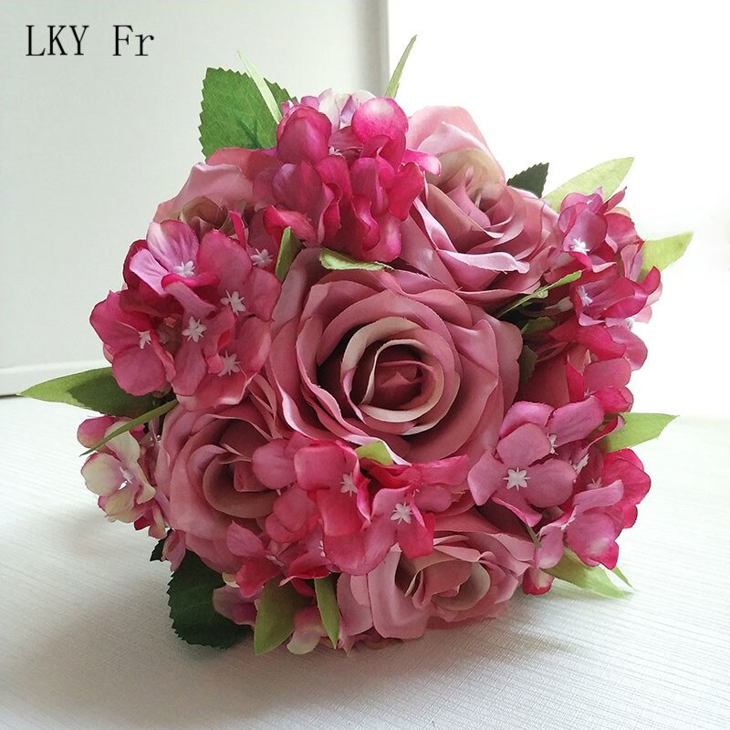 Lky fr bryllupsbukett silke roser brudebukett kunstige blomster bryllupsbuketter til brudepike dekor bryllup tilbehør: Rosenrød