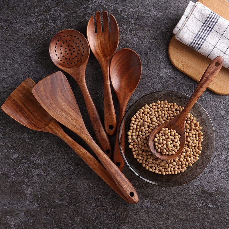 Cuchara de madera de teca, espátula de madera maciza, espátula de cocina, espátula de cocina, juego de espátula, cuchara de madera, vajilla