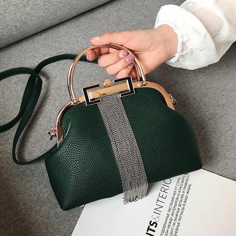 retro årgang metall frynser unike låseposer pu lær kvinners håndvesker skall kvinner skulderveske: posere grønn