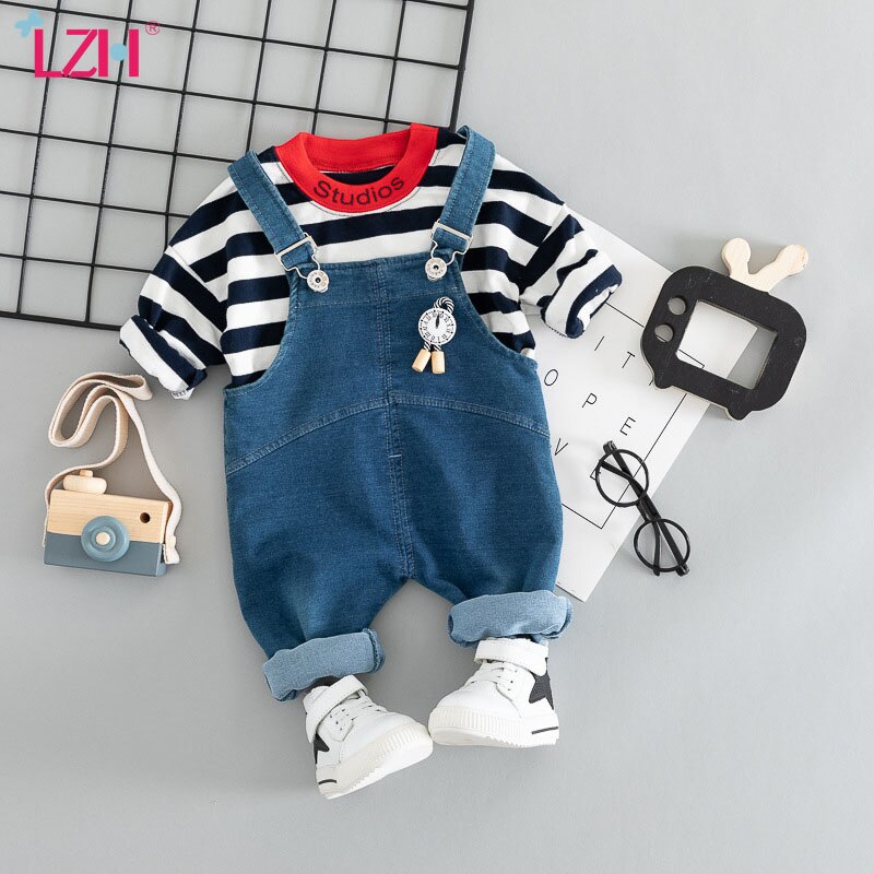 Lzh spädbarnskläder höst vinter baby pojkar kläder kostym för baby kostym randig t-shirt overall 2 st set nyfödd kläder