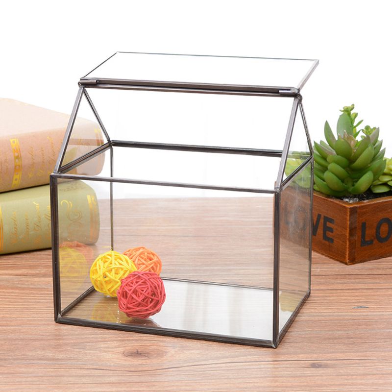 Geometric Glass Terrarium Box Handmade House Shape Close Glass Table Top DIY Display Planter Windowsill Flower Pot with Swing