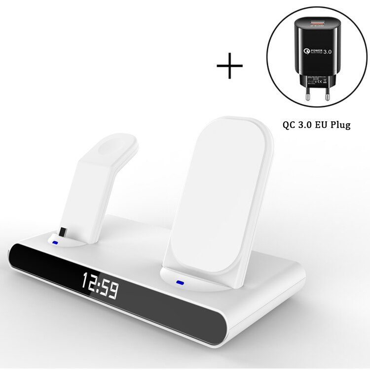 3 in 1 kabellos Ladestation Für iPhone 13 12 11 Profi Max/Apfel Uhr/AirPods LED Digital wecker Drahtlose Ladegerät Stehen: Weiß-EU Stecker