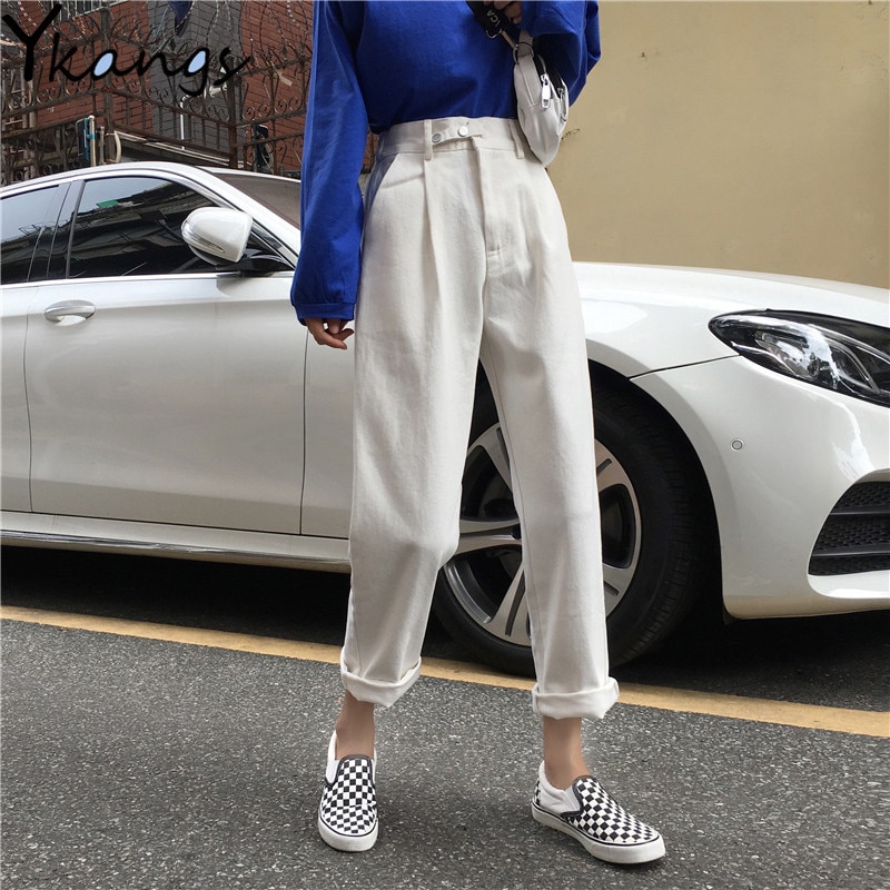 Kvinder harem jeans bukser høj talje løse hvide denim mom jeans kvindelige sorte knapper bukser forår streetwear