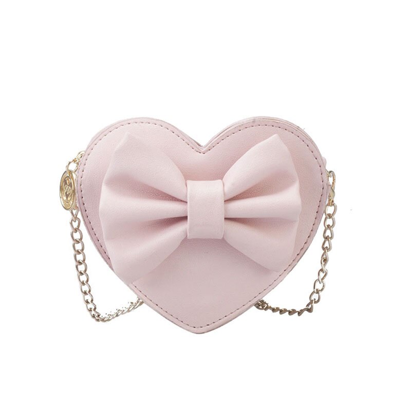 Baby Girls Cute Bow Handbags Heart Shaped Shoulder Bag Solid Color Crossbody Bags Small Purse PU Leather: Pink