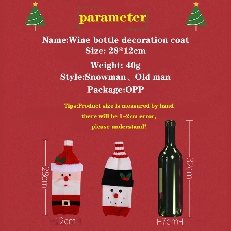 Table dîner noël vin ensemble robe costume tricot laine décorations de noël père noël bonhomme de neige bouteille de vin habiller